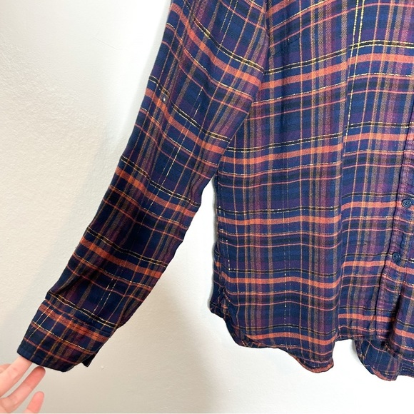 Lucky‎ Brand Long Sleeve Metallic Plaid Button Down Shirt Medium M - Picture 4 of 8